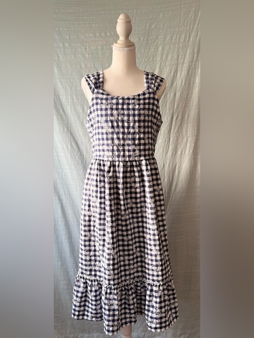 Blueberi Boulevard Navy Gingham Embroidered Midi Dress